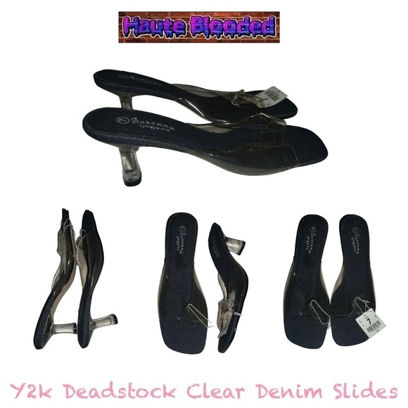 Vintage 90s y2k Deadstock Clear Lucite Plastic Denim Slides Square Toe Heels 7 - Picture 1 of 15